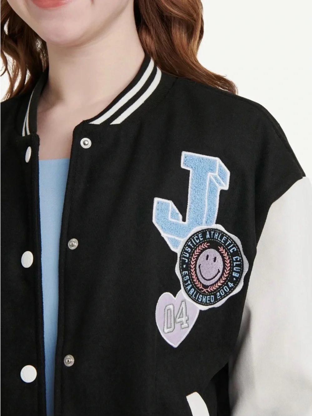 NWT - Justice Black and White Letterman Bomber Jacket with Patches